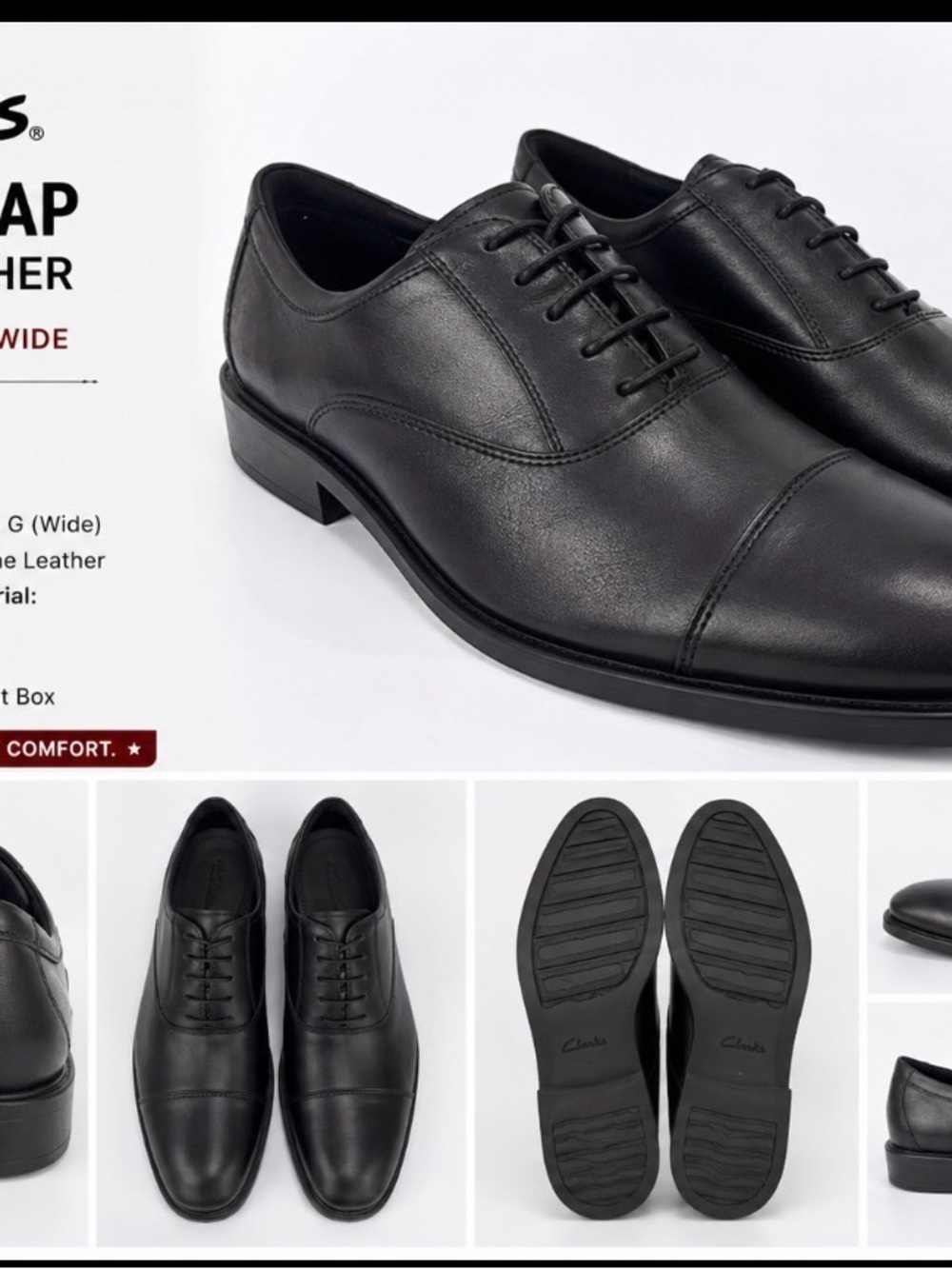 Clarks Black Leather Cap-Toe Derby Dress Shoes